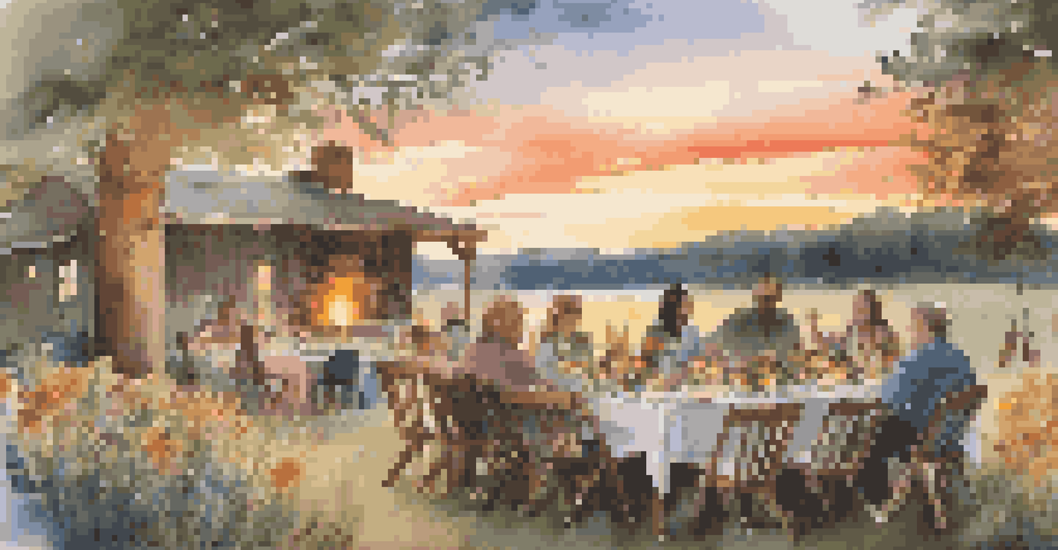 A sunset dining scene with a beautifully set table filled with local cuisine, surrounded by guests enjoying each other's company.