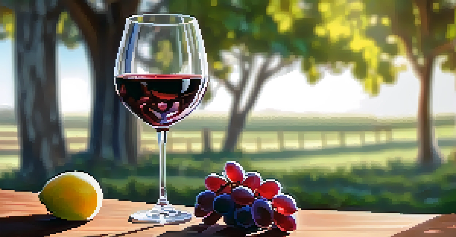 A close-up of a wine glass filled with red wine, with a blurred vineyard in the background.
