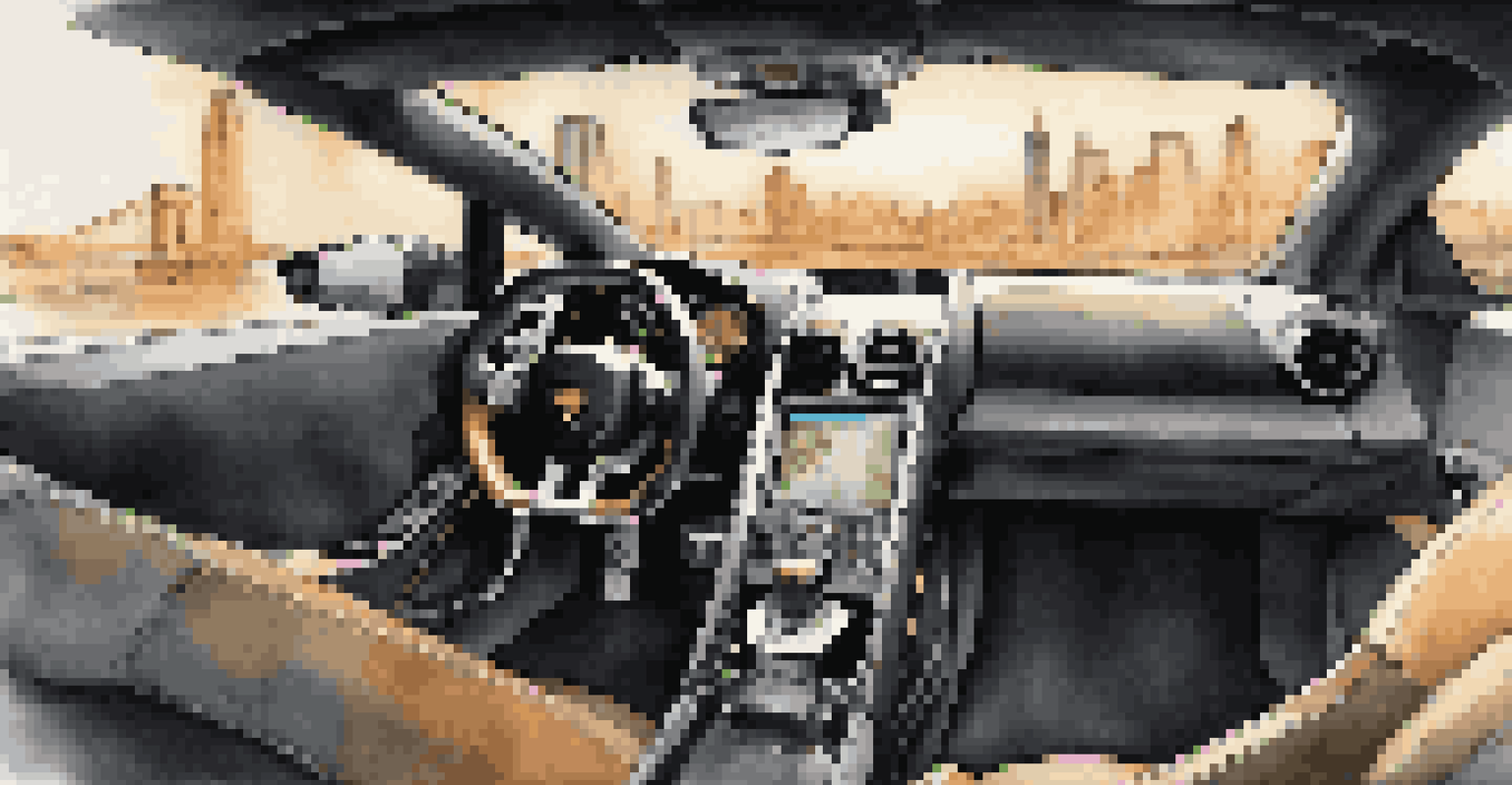 Interior view of a Lamborghini Gallardo with luxurious leather seats and a city skyline visible through the tinted windows at night.