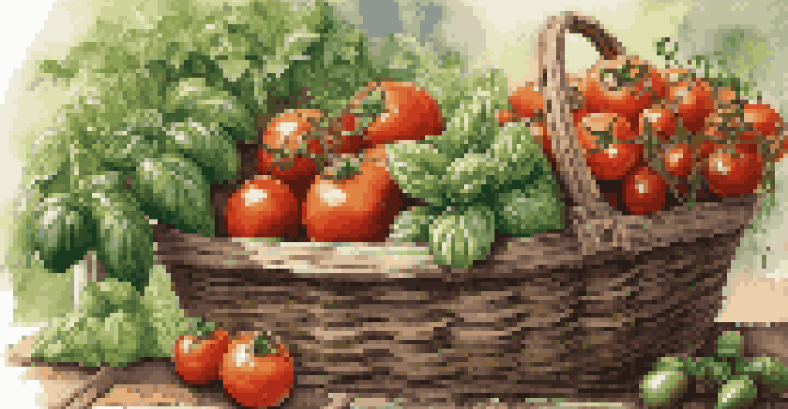 A vibrant gourmet garden filled with herbs and ripe vegetables, basking in sunlight, with a basket of fresh produce nearby.