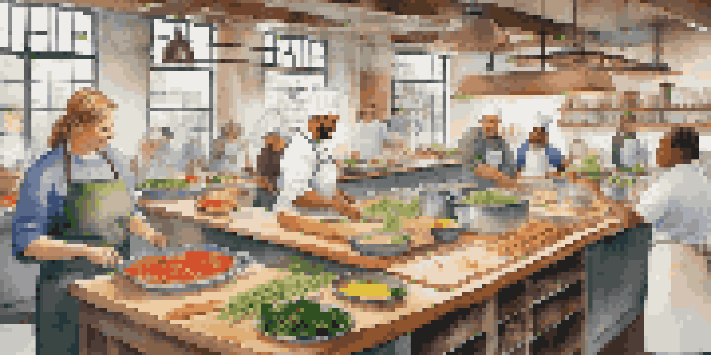 A lively gourmet food workshop with participants cooking together, surrounded by colorful ingredients and a welcoming atmosphere.