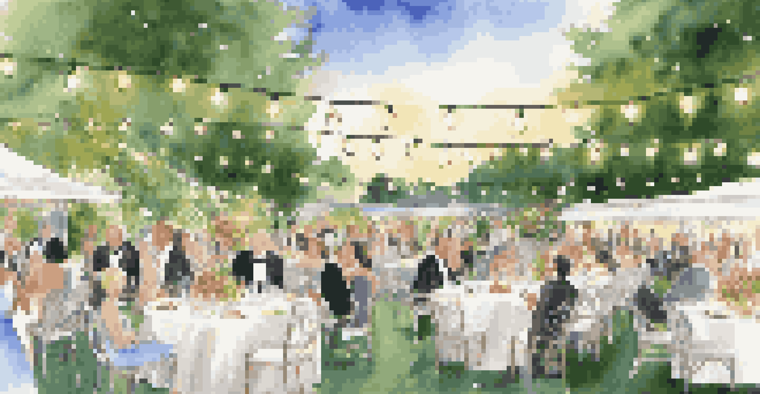 An outdoor charity event in a garden, with guests in fashionable attire, elegantly set tables, and a banner for a charitable cause.
