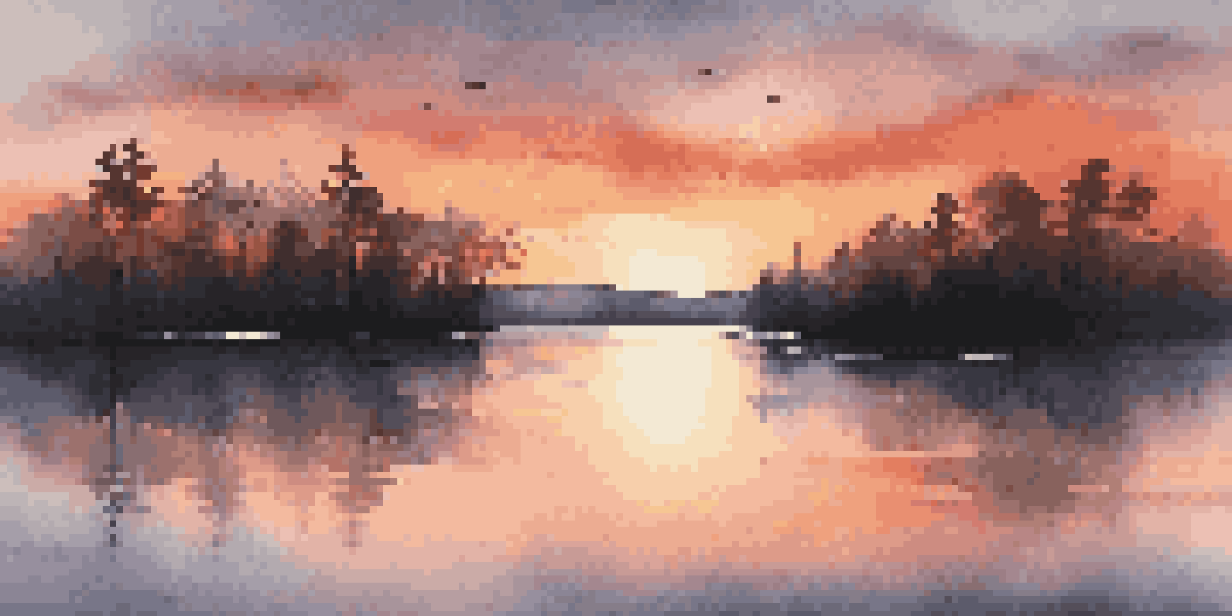 A beautiful sunset reflecting on a calm lake, with silhouetted trees and colorful clouds.