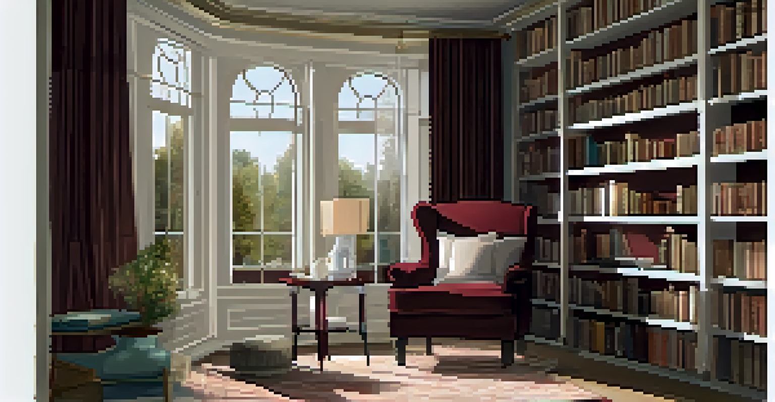 A cozy reading nook featuring a burgundy armchair, a bookshelf, and a side table with a cup of tea, illuminated by soft daylight through sheer curtains.