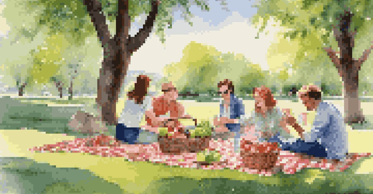 A vibrant outdoor picnic with friends, a checkered blanket, and a basket filled with food in a lush green park.
