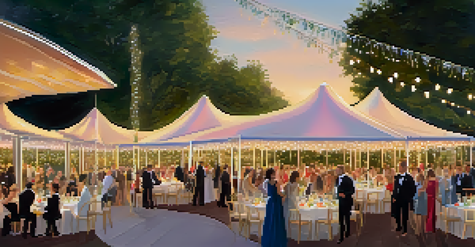 An outdoor charity gala hosted by a luxury brand, with guests in elegant attire and charity booths under a decorated tent.