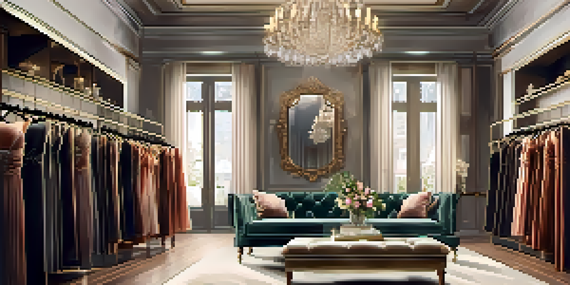 Interior of a luxurious fashion rental boutique with designer dresses displayed on racks and warm lighting.