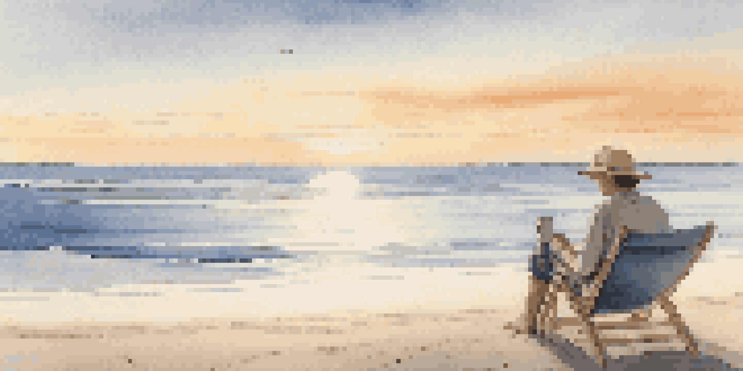 A person enjoying coffee on a terrace overlooking a calm beach at sunrise, with soft pastel colors in the sky.