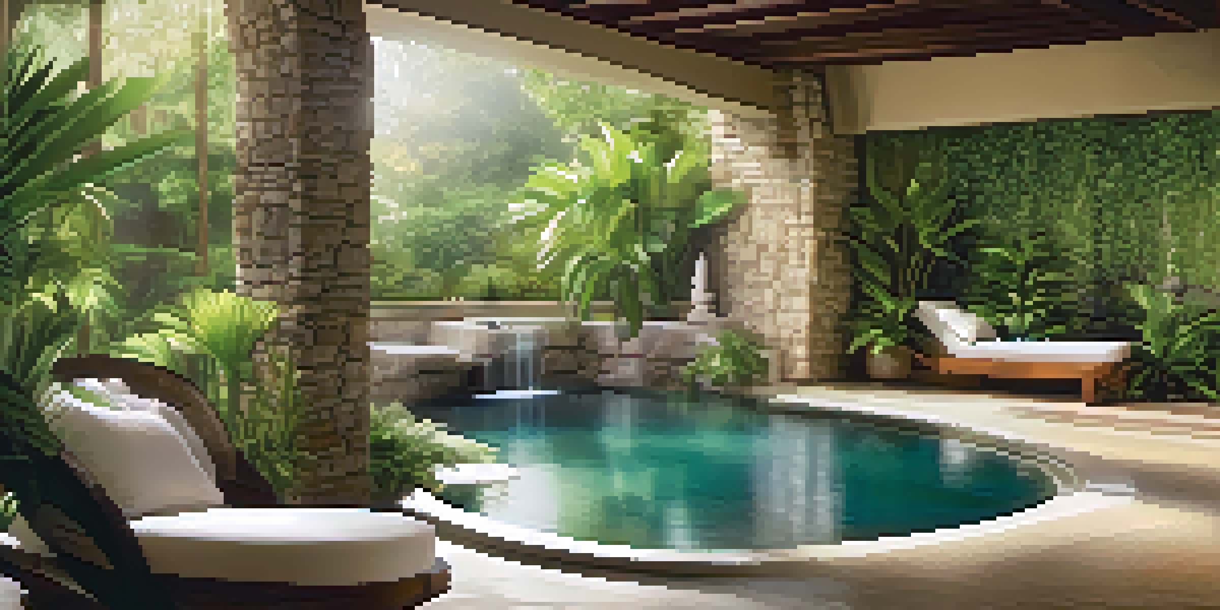 A tranquil holistic spa with a water feature, surrounded by greenery and soft natural light, creating a peaceful atmosphere.