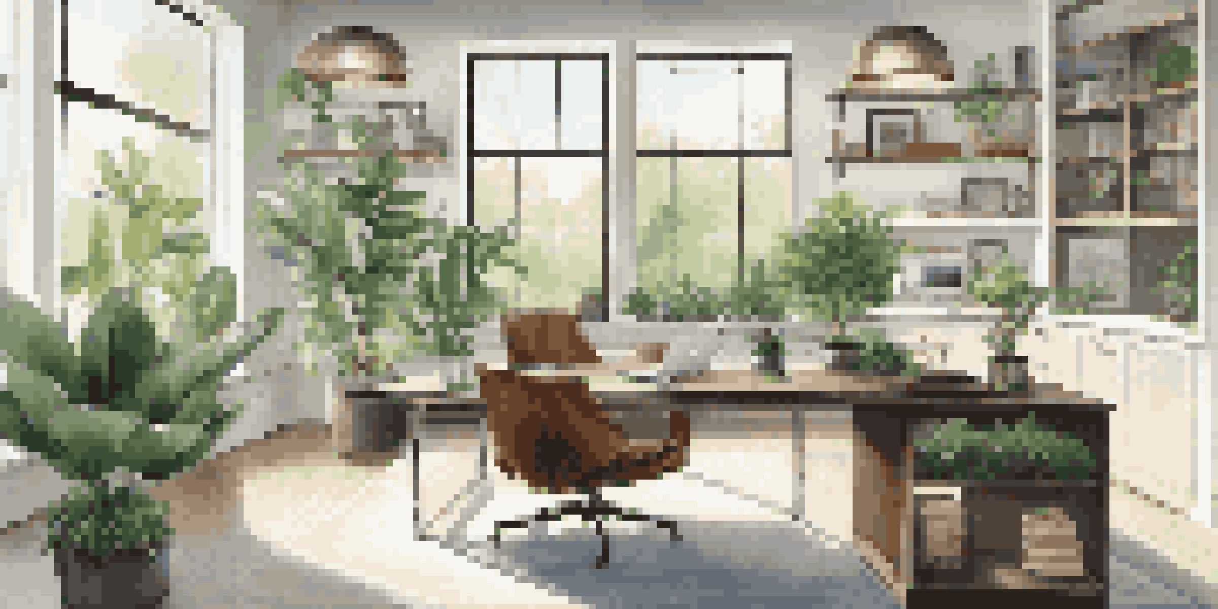 A spacious and inviting modern home office with a glass desk, leather chair, and bright natural light, integrated with a living room and kitchen.