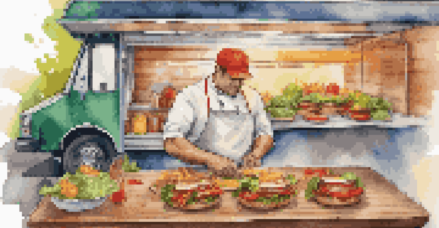 A chef at a gourmet food truck meticulously assembling an artisanal burger with fresh ingredients.