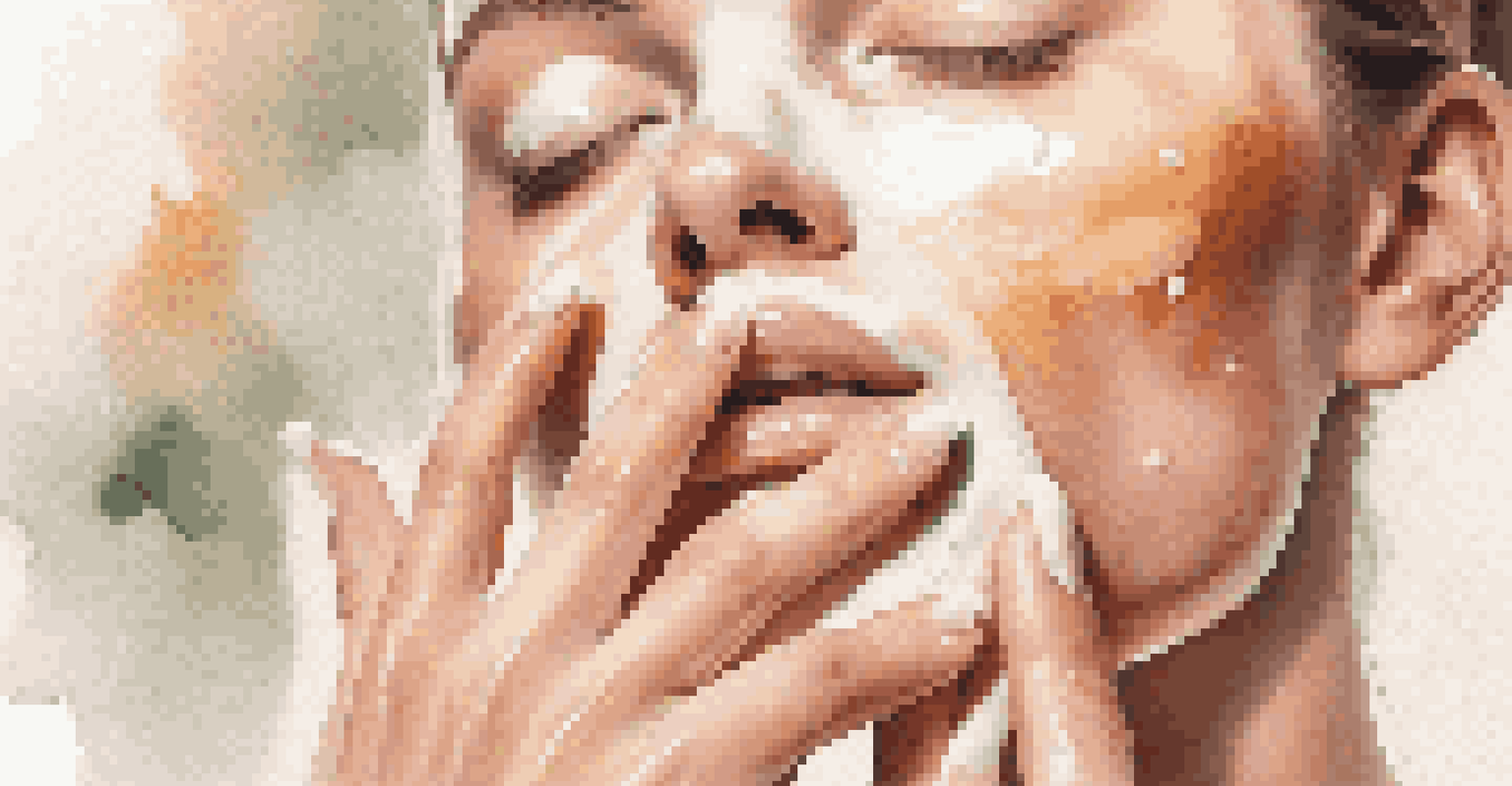 A close-up of a hand applying luxury exfoliating cream on a glowing face, with warm natural light enhancing the scene.