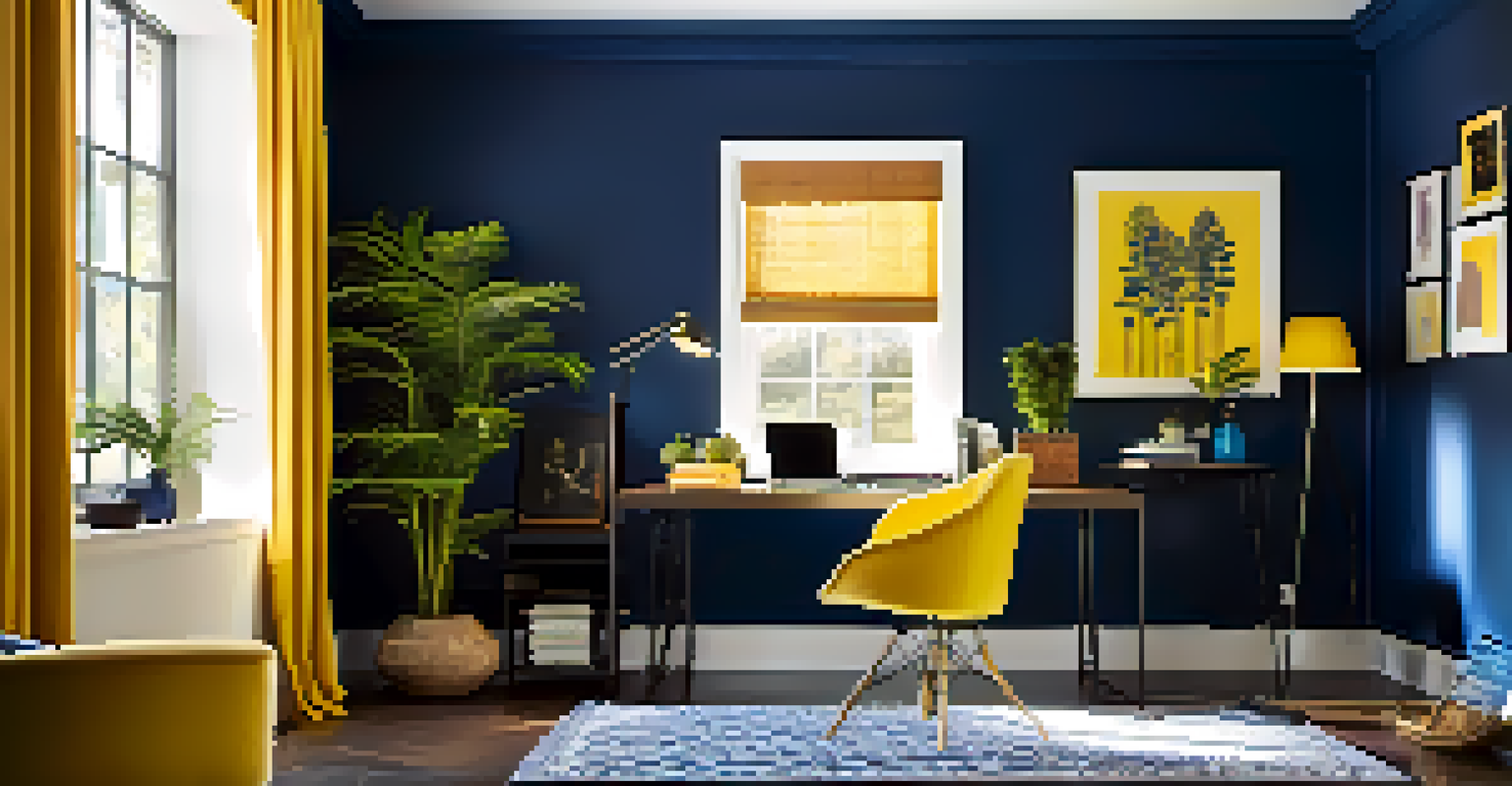 A colorful home office featuring a deep blue accent wall, a yellow chair, and vibrant artwork, illuminated by natural and artificial lighting.