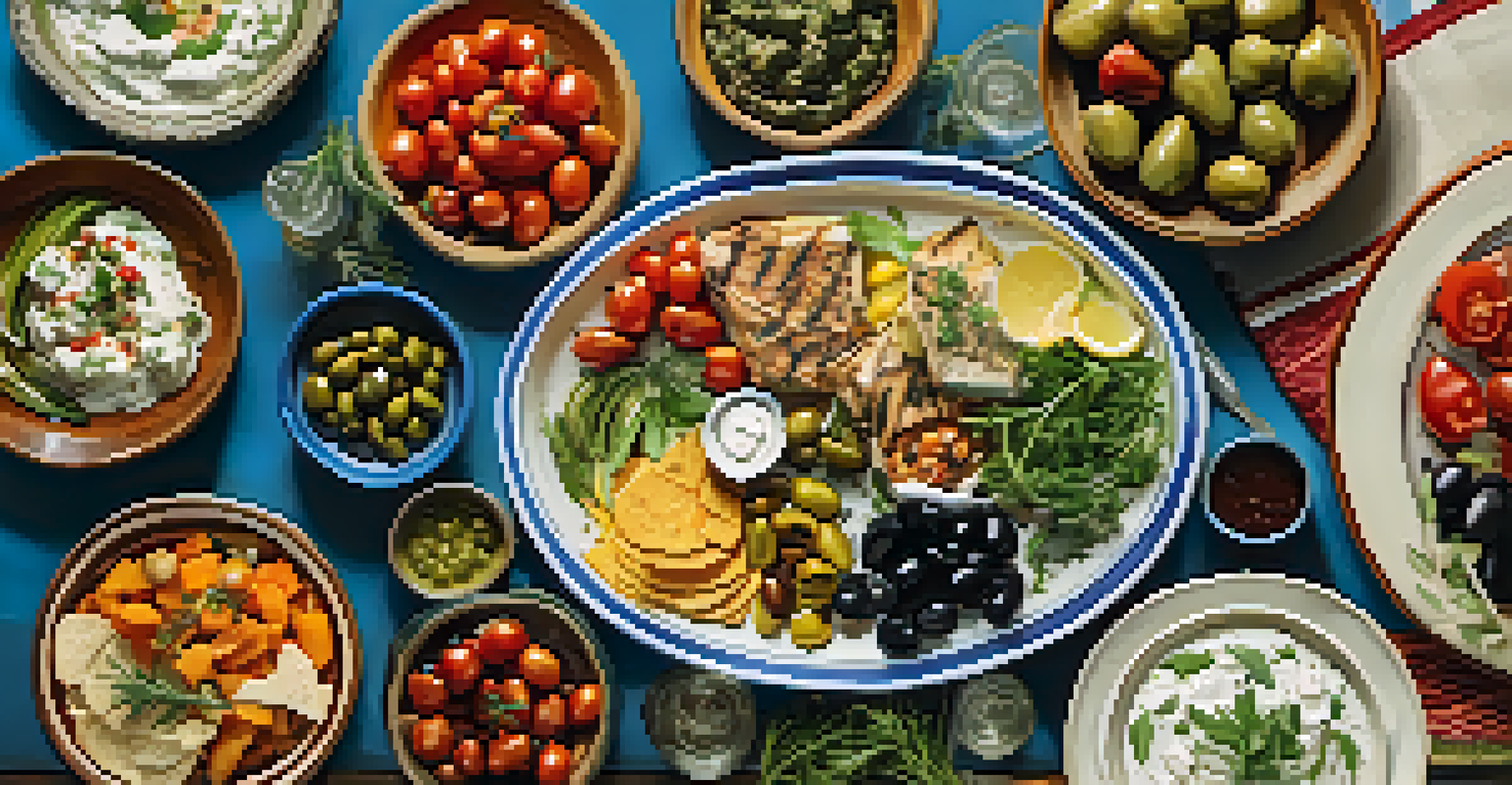 An overhead view of a Mediterranean spread with fresh vegetables, olives, grilled fish, and dips, displayed on a rustic table with sunlight highlighting the colors.