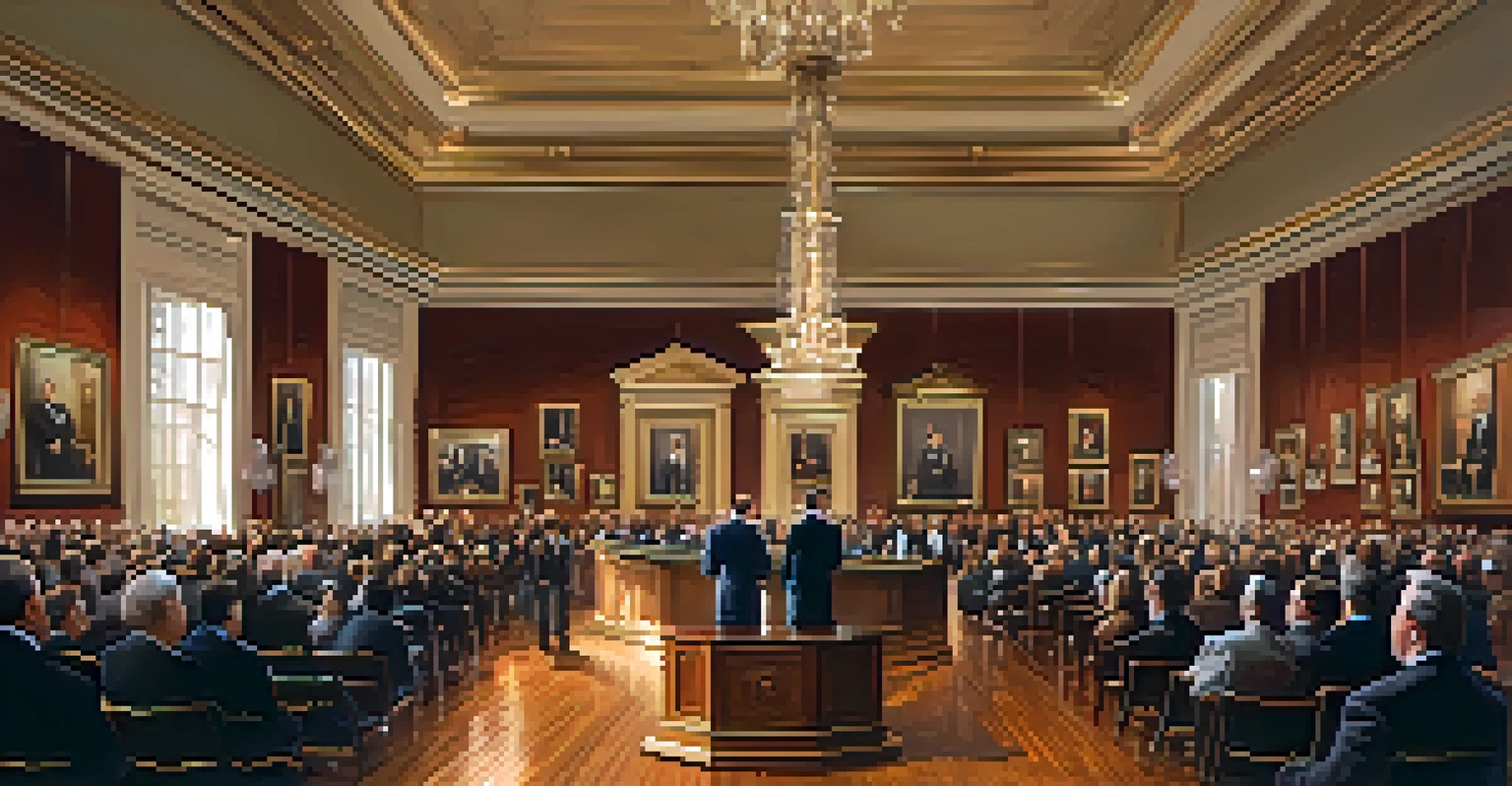 Interior of an elegant auction house with wooden floors, a podium for the auctioneer, and framed artworks on the walls.