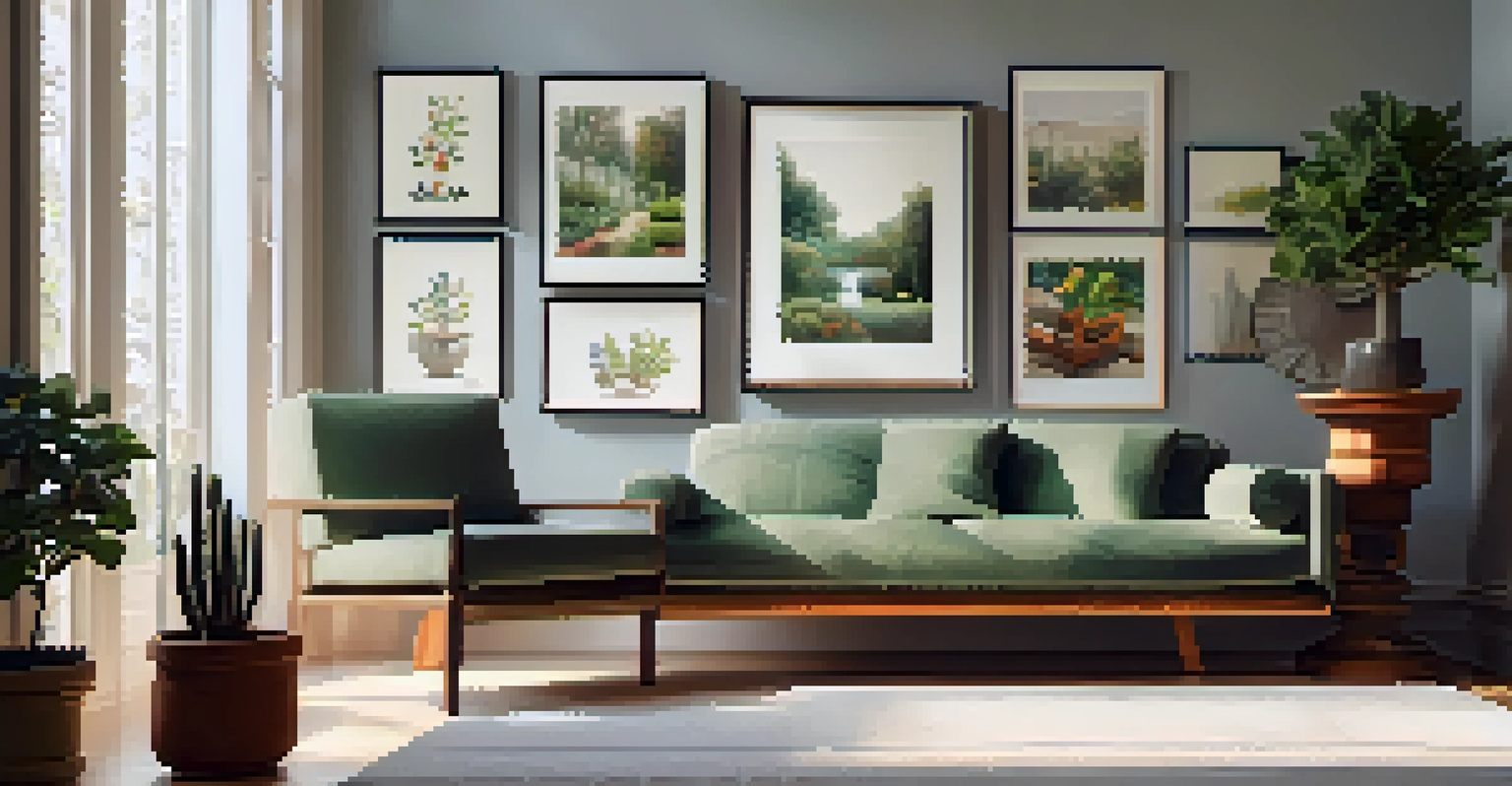 A cozy home art collection on a well-lit wall, with a mix of framed artworks and sculptures, alongside a comfortable armchair and a potted plant.