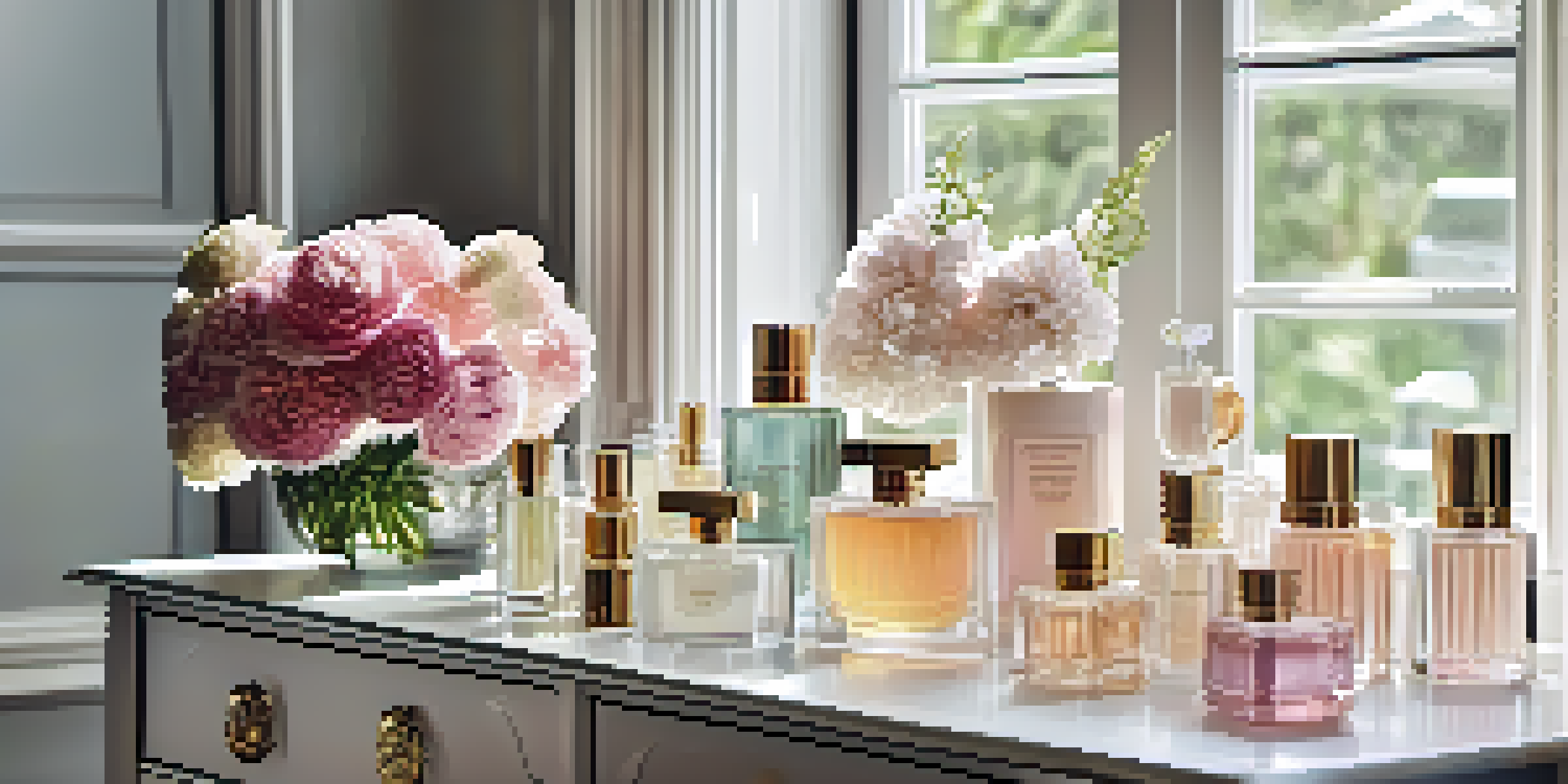 A well-organized vanity table with various perfume bottles, natural light, and flowers.