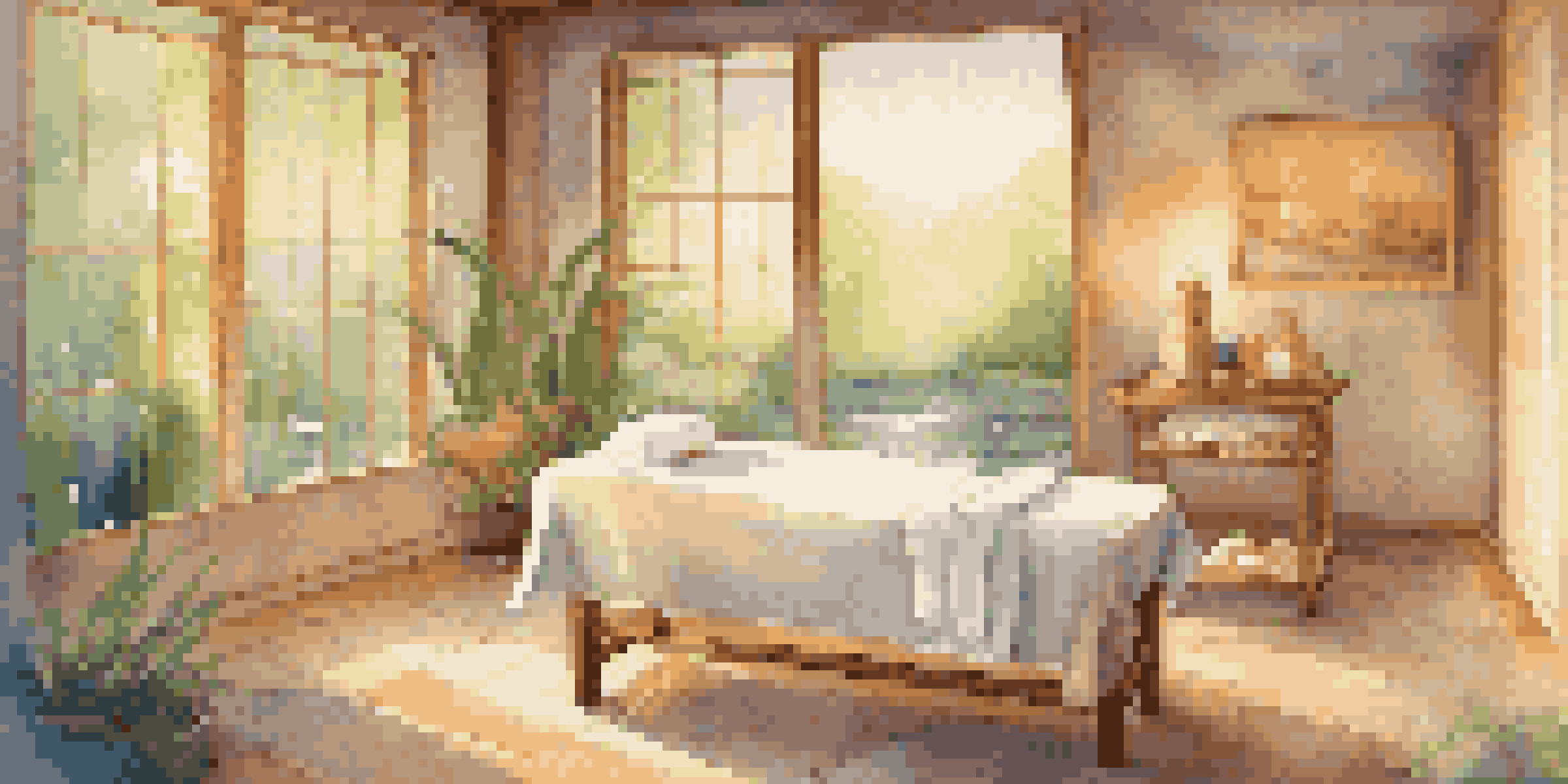 A peaceful spa room with a massage table, crystals, and a candle, illuminated by soft sunlight.
