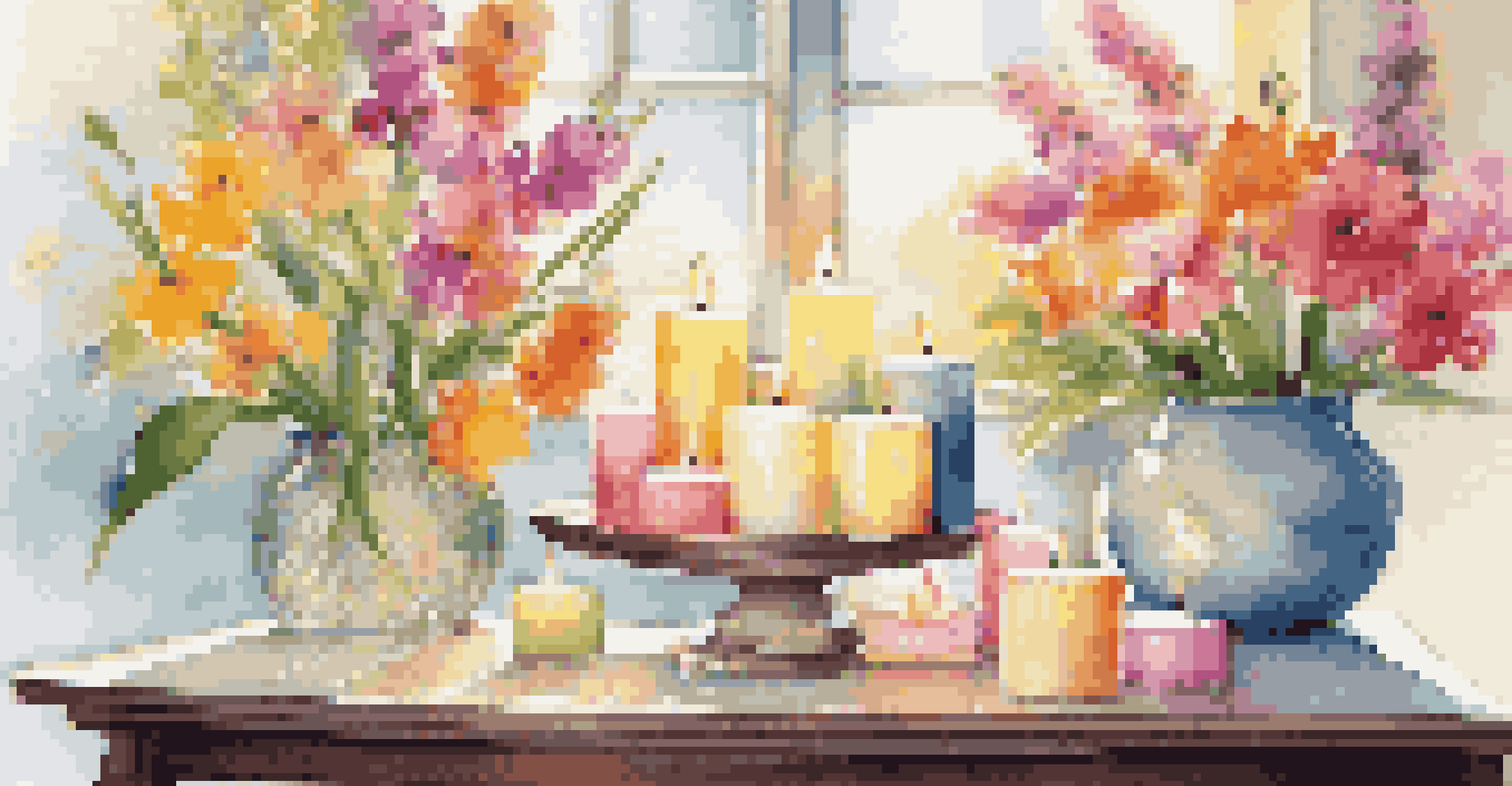 A lively spring scene with colorful luxury candles on a coffee table, surrounded by fresh flowers and sunlight streaming through a window.