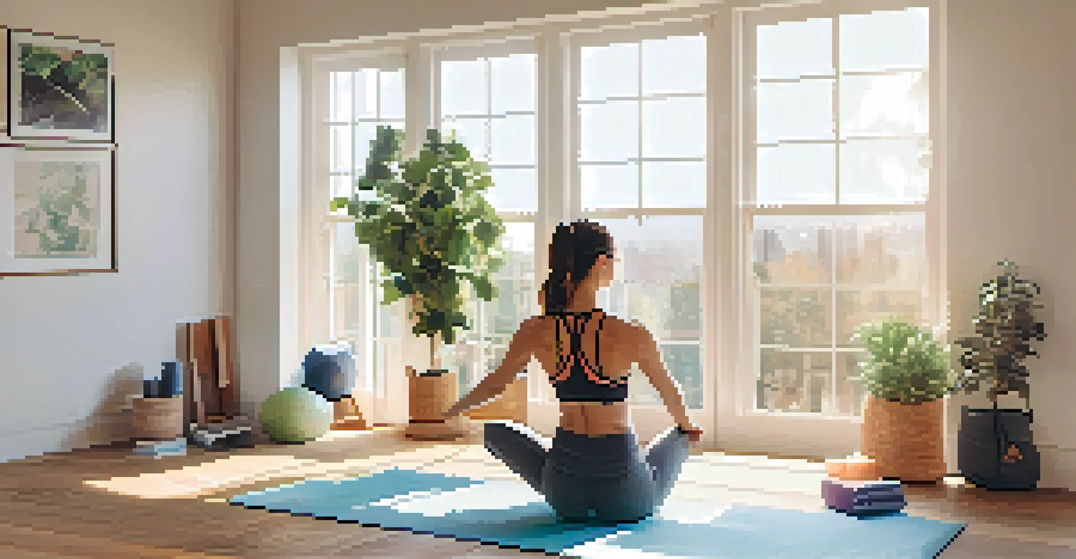 A woman practicing yoga in stylish activewear, with subscription box items in the background, in a bright room with large windows.