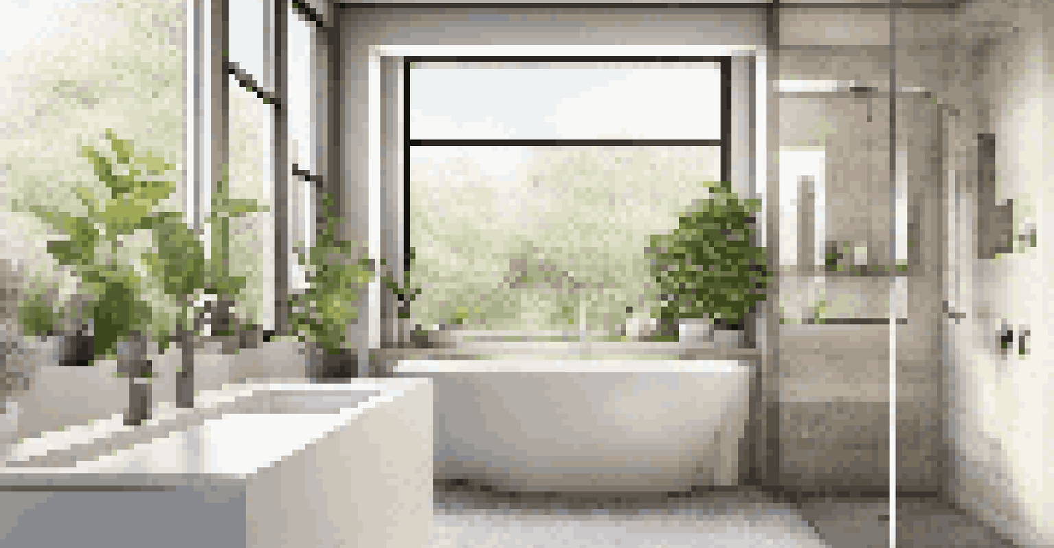 A stylish bathroom with eco-friendly features, including a greywater system, plants, and large windows for natural light.