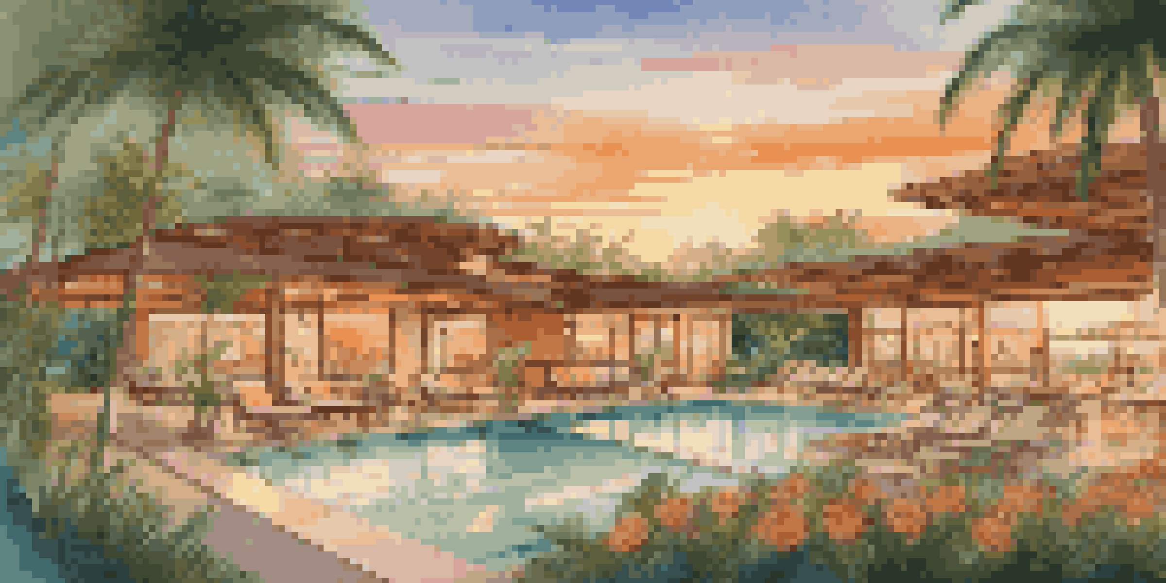 A family enjoying a luxurious resort with eco-friendly architecture surrounded by tropical plants and a sunset.