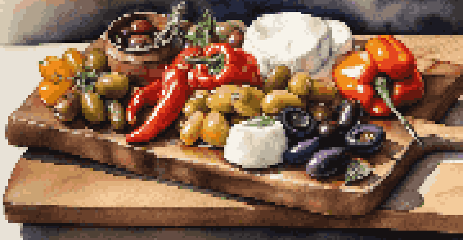 A rustic Italian platter with colorful antipasti like roasted peppers, olives, and mozzarella, arranged on a wooden board under warm sunlight.