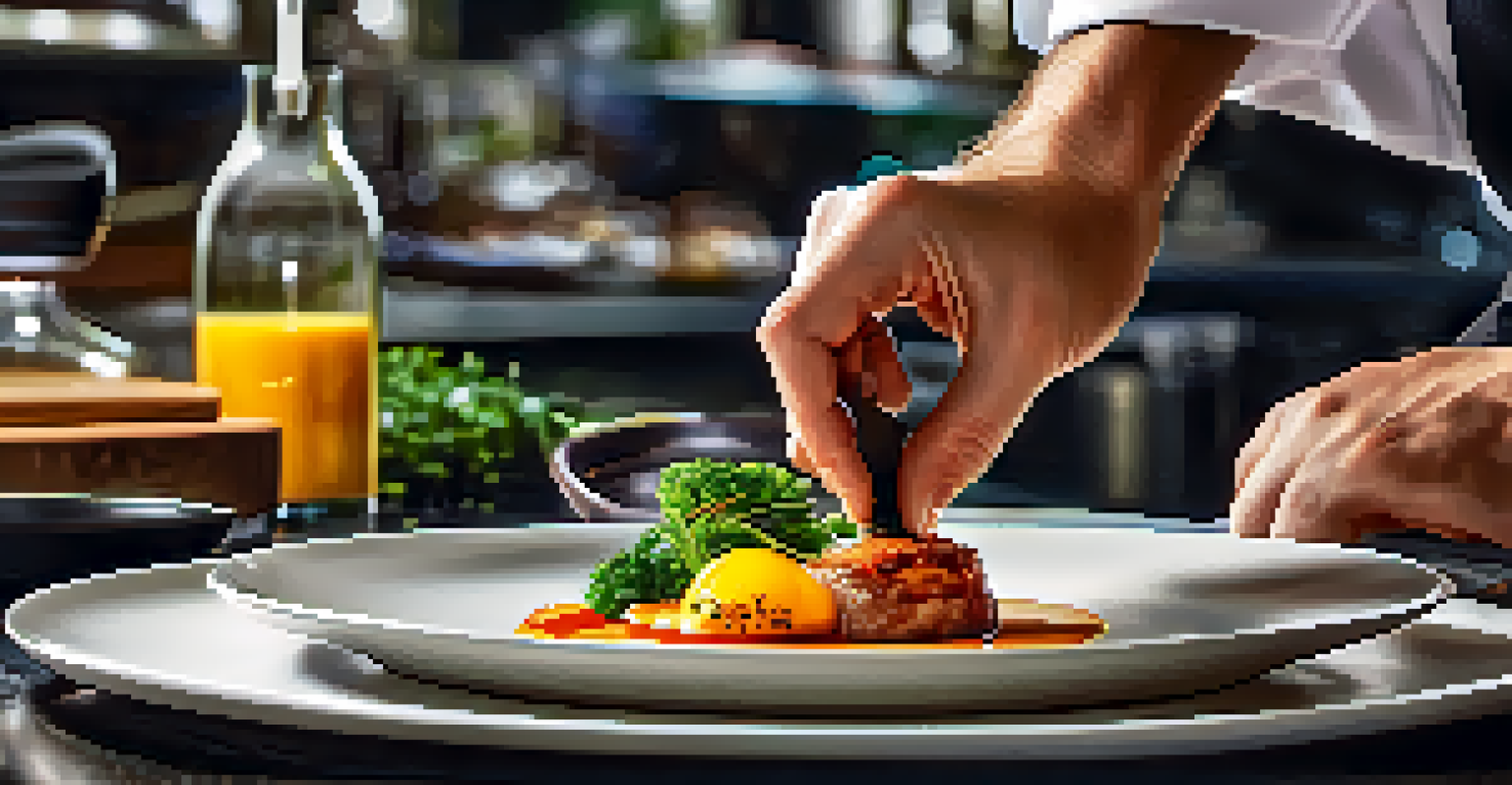 Close-up of a chef plating a vibrant gourmet dish with artistic presentation in a luxurious kitchen.