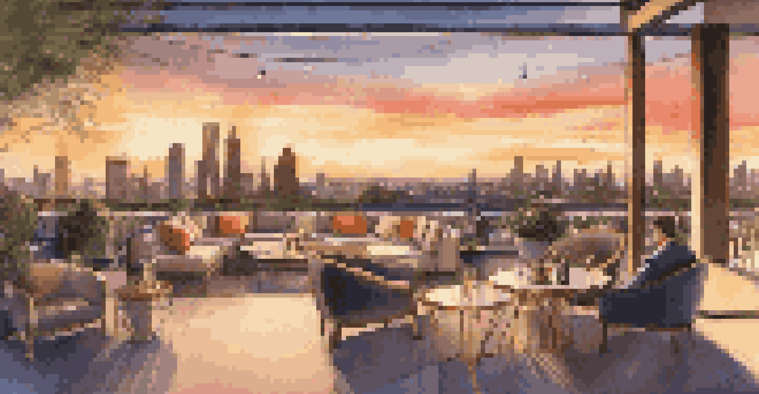 An upscale rooftop terrace with sunset views over a city, featuring stylish seating and a bar, with guests enjoying drinks and the atmosphere.