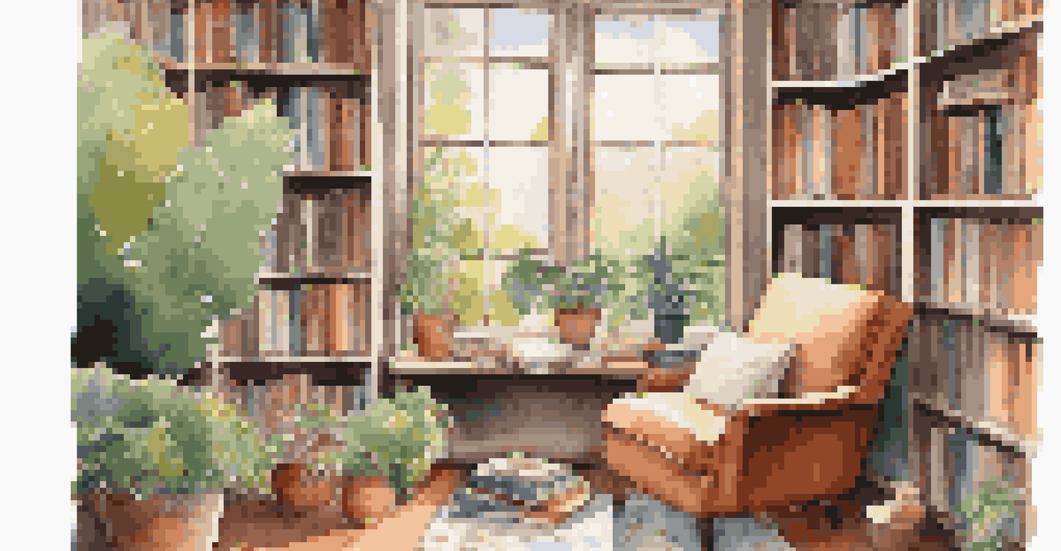 A peaceful reading nook in a library, with an armchair, record player, and a view of a garden through the window.