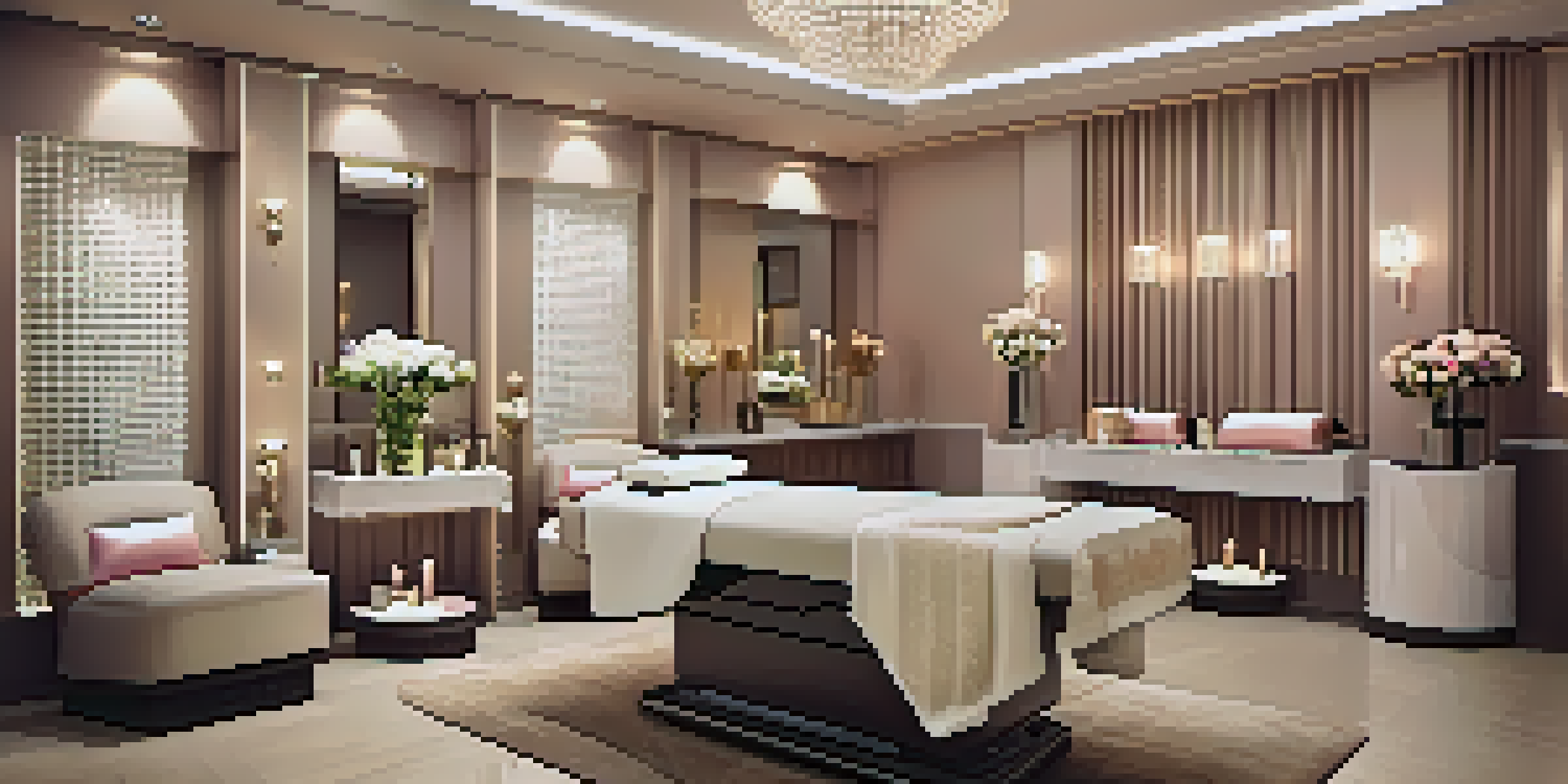 An elegant beauty treatment room with soft lighting and luxurious decor, featuring a treatment bed and high-end beauty products.