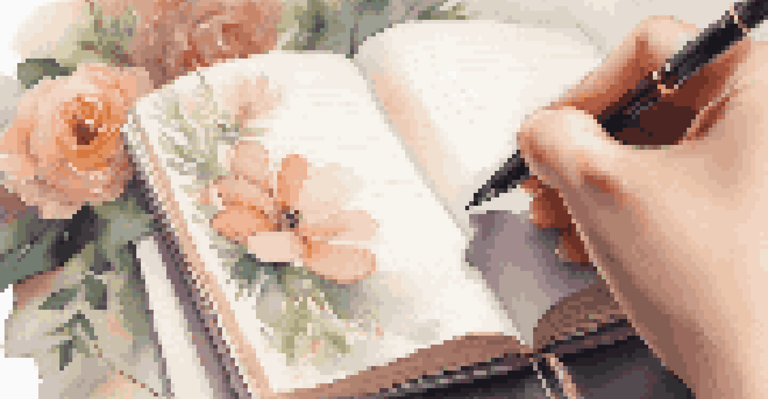 A close-up of a hand writing in a journal about personal goals with floral decorations in the background.