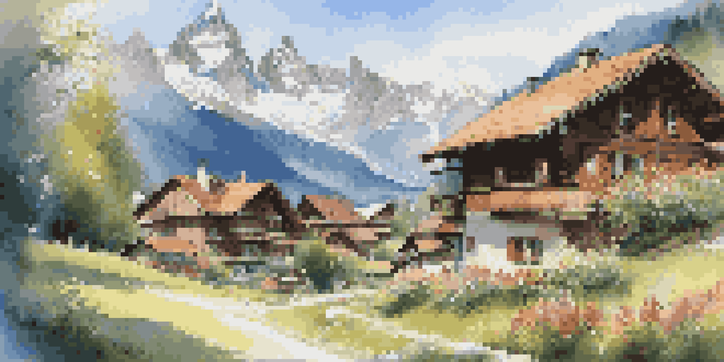 A picturesque alpine village with wooden chalets and colorful flowers, set against snow-capped mountains and a clear blue sky.