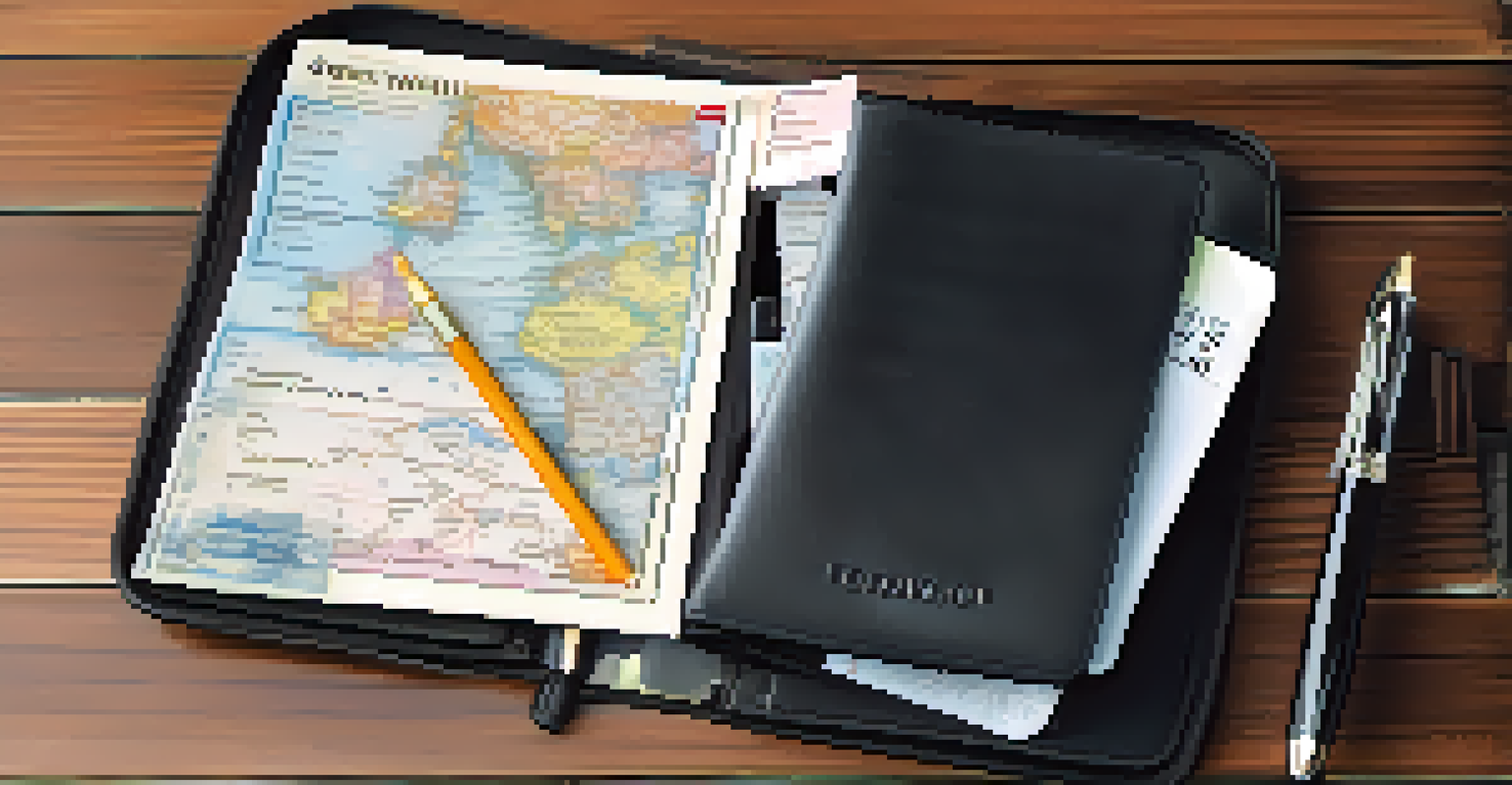 A travel wallet on a wooden table, open with passport and itinerary visible.