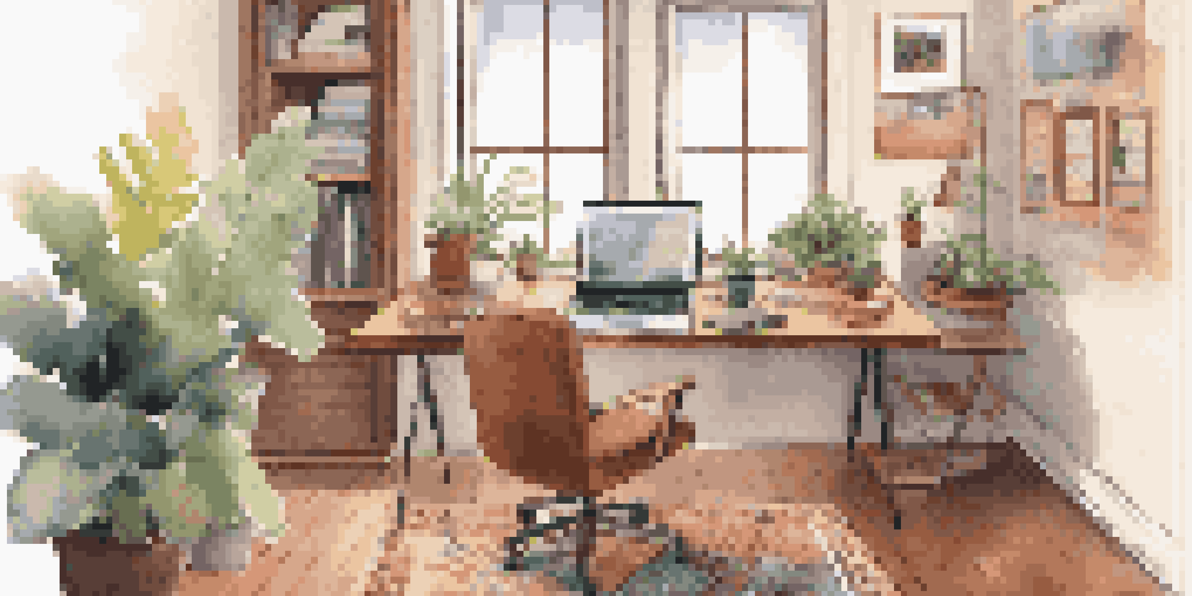 A cozy home office with natural light, ergonomic chair, wooden desk, and colorful vision board.