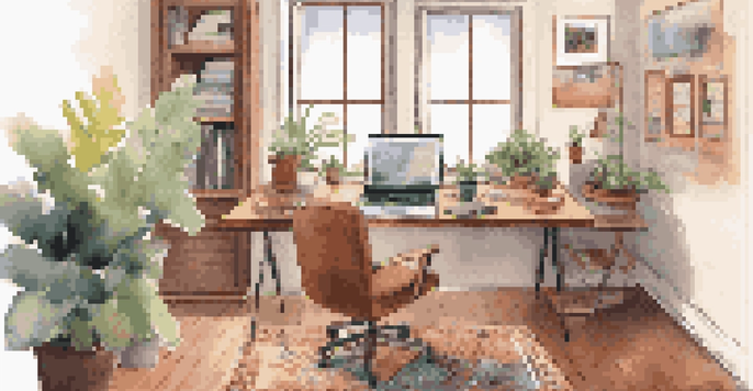 A cozy home office with natural light, ergonomic chair, wooden desk, and colorful vision board.