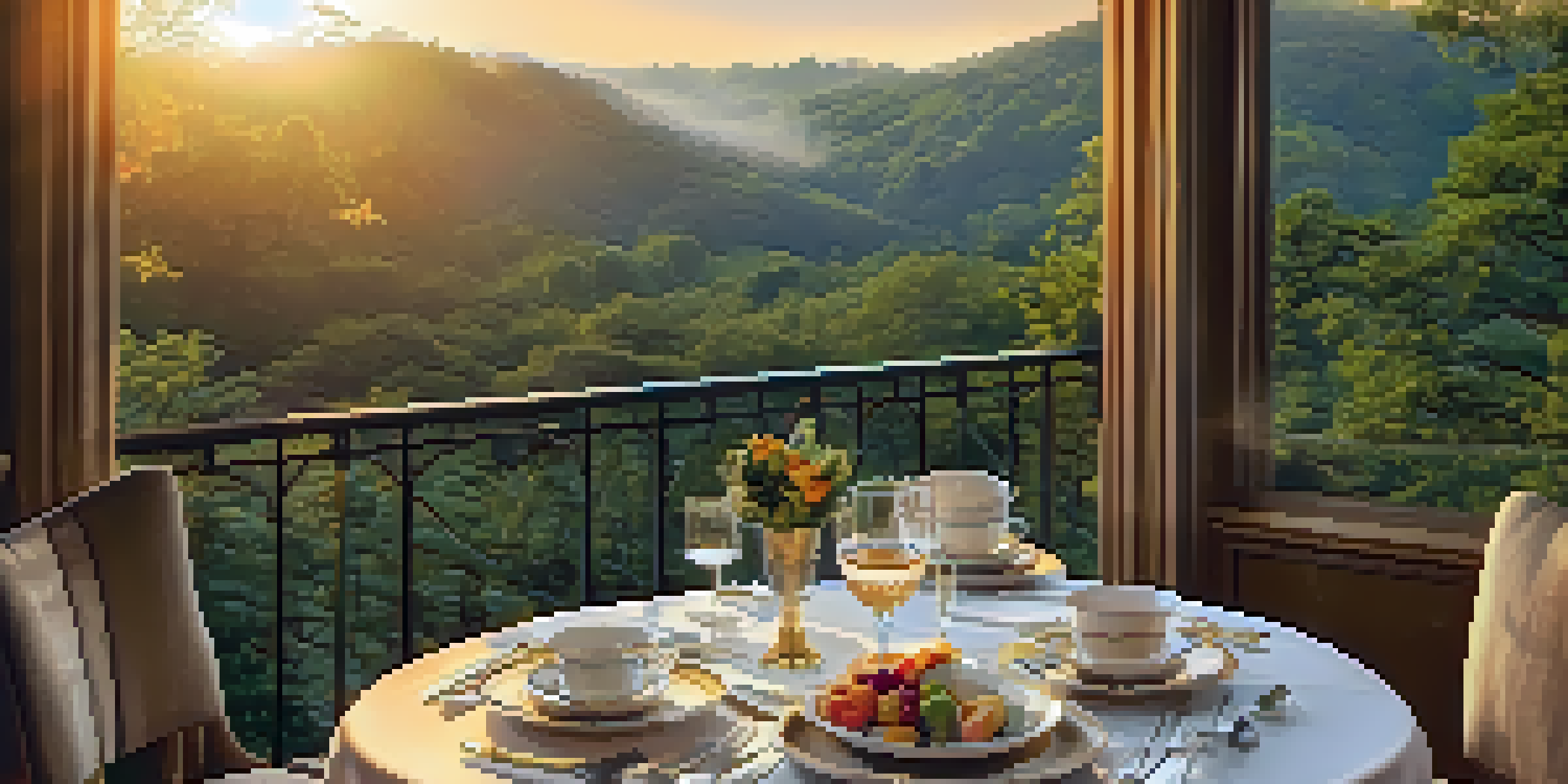 An elegant dinner table set for a gourmet meal with a forest view at sunset, featuring fine china and flowers.