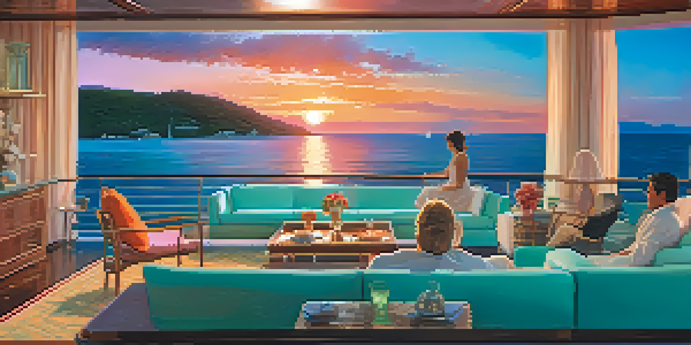 A luxurious yacht sailing on clear blue waters during sunset, with friends enjoying drinks on the deck.