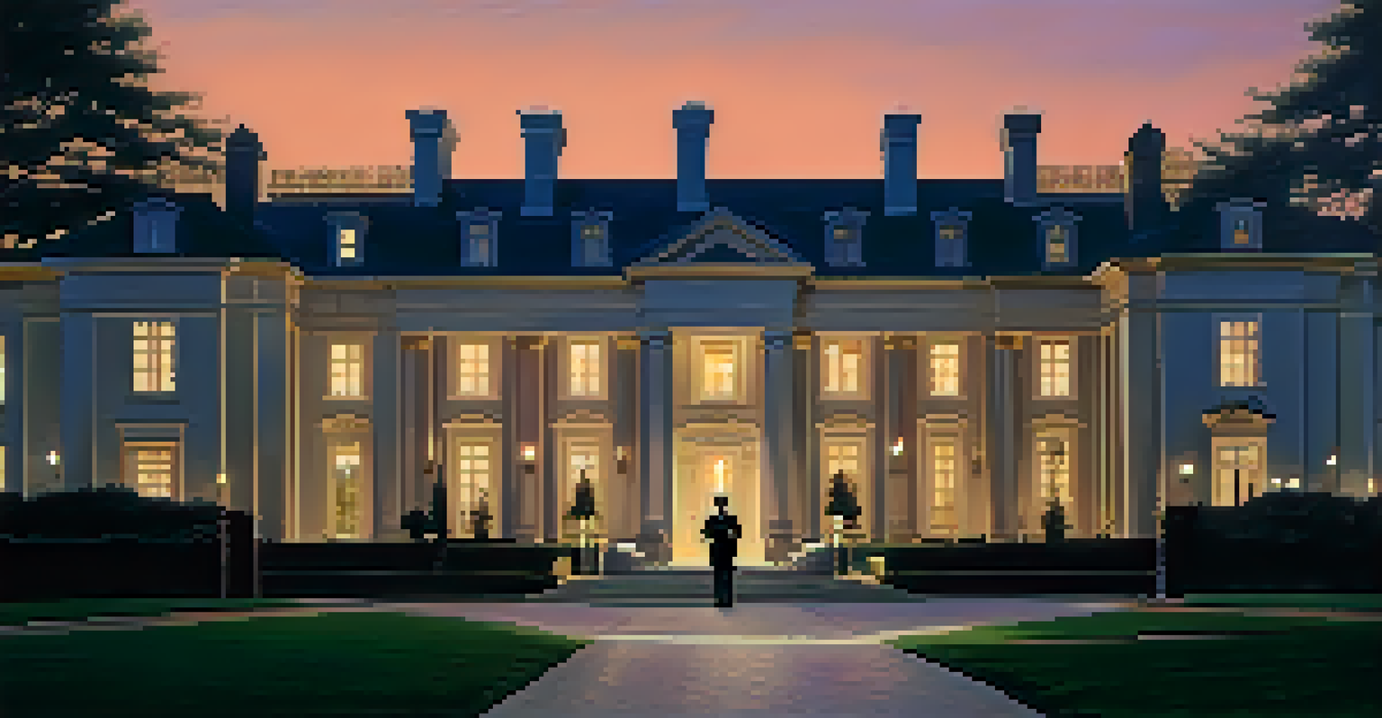 A security guard patrols outside a grand luxury estate at twilight, with the home illuminated in the background.