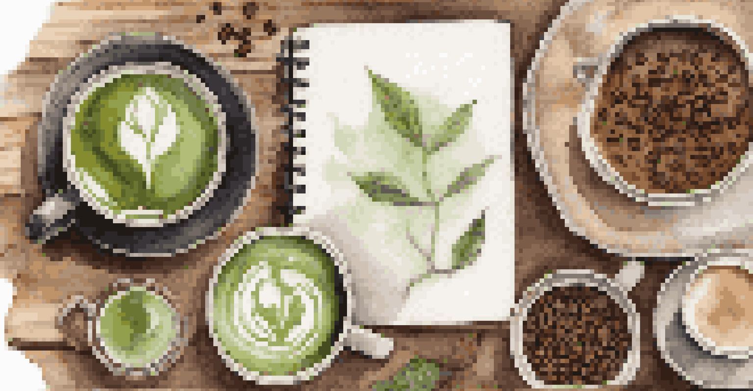 An artistic flat lay with matcha latte, espresso, and loose-leaf tea, surrounded by coffee beans and a notebook.