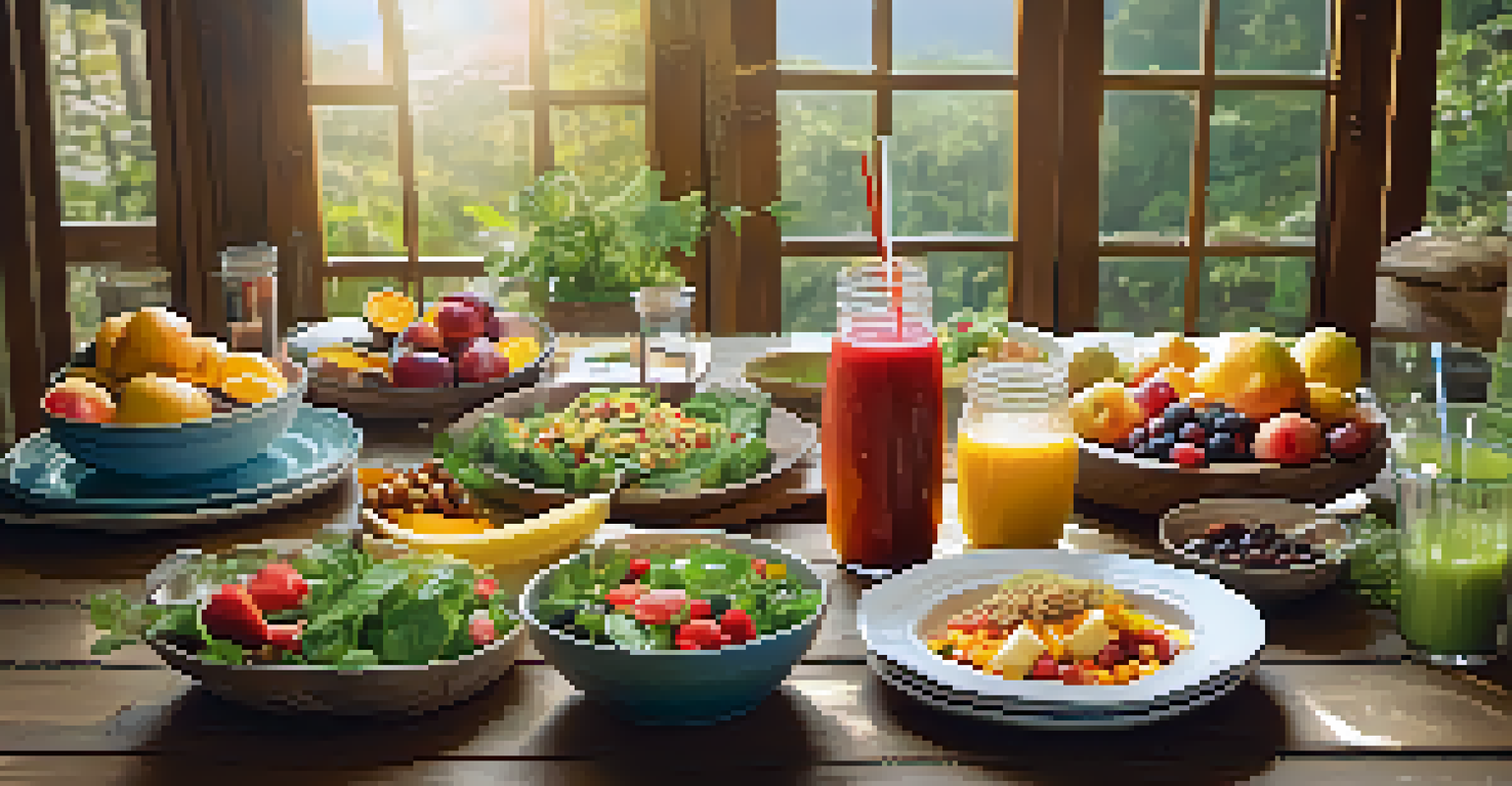 A colorful and healthy meal spread on a wooden table, featuring salads and smoothies at a wellness retreat.