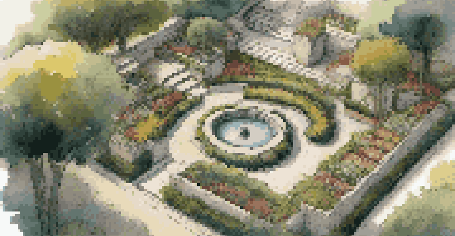 An aerial view of a luxurious garden with diverse plants and well-structured flower beds, highlighting the healthy soil and sunlight.