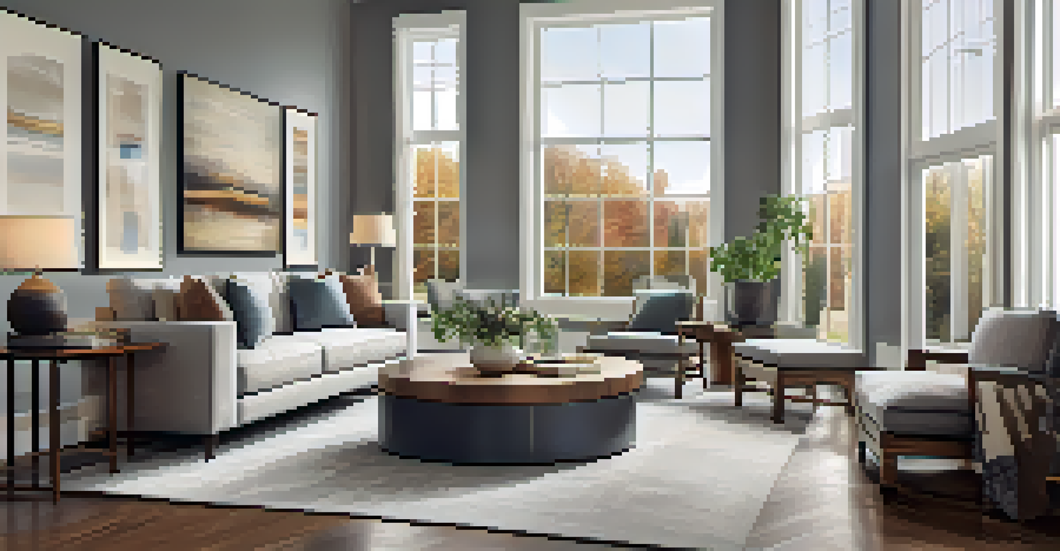 A modern living room interior with sleek furniture, large windows, and a sophisticated decor style.