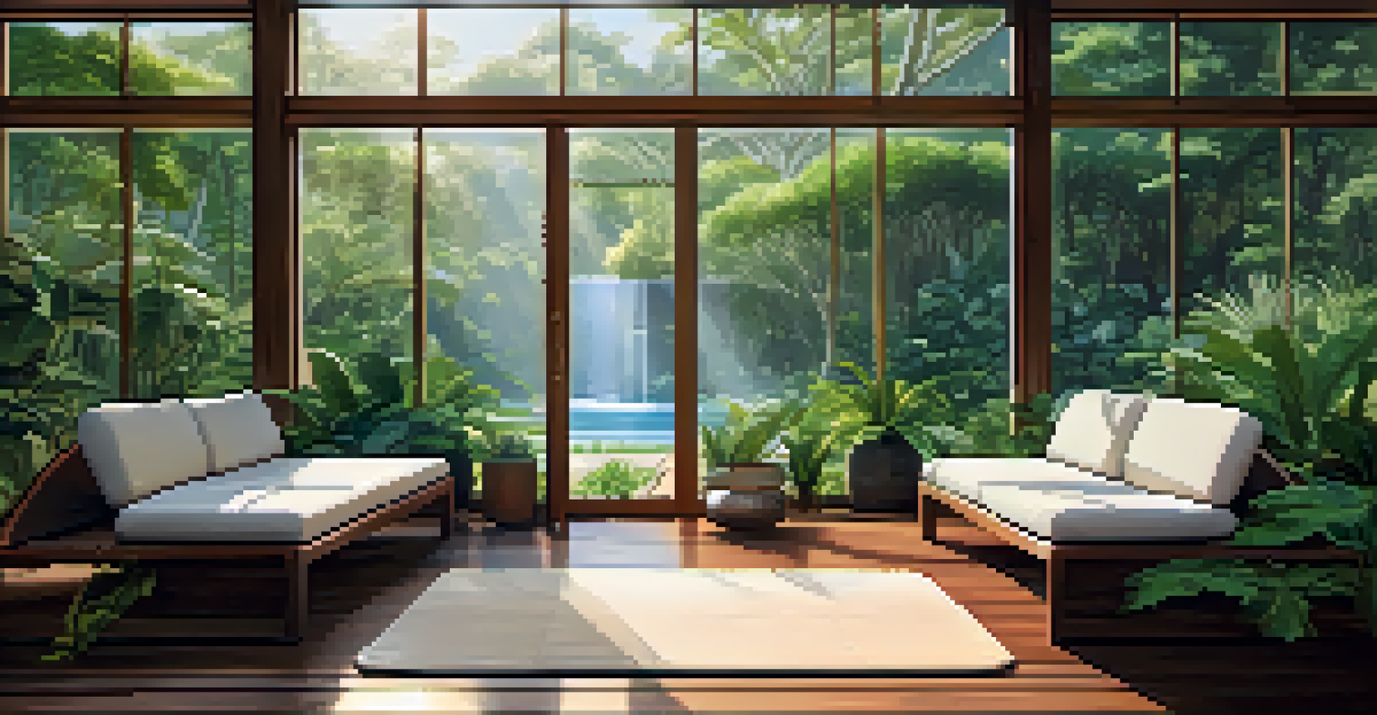 A peaceful wellness retreat with yoga mats and meditation cushions in a green, natural setting.
