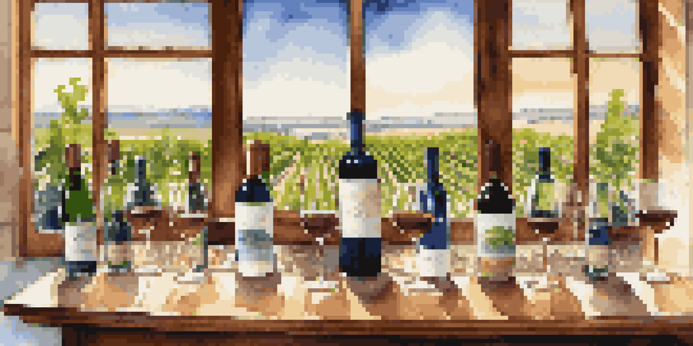 A luxurious wine tasting setup with fine wine bottles, crystal glasses, and a vineyard view.