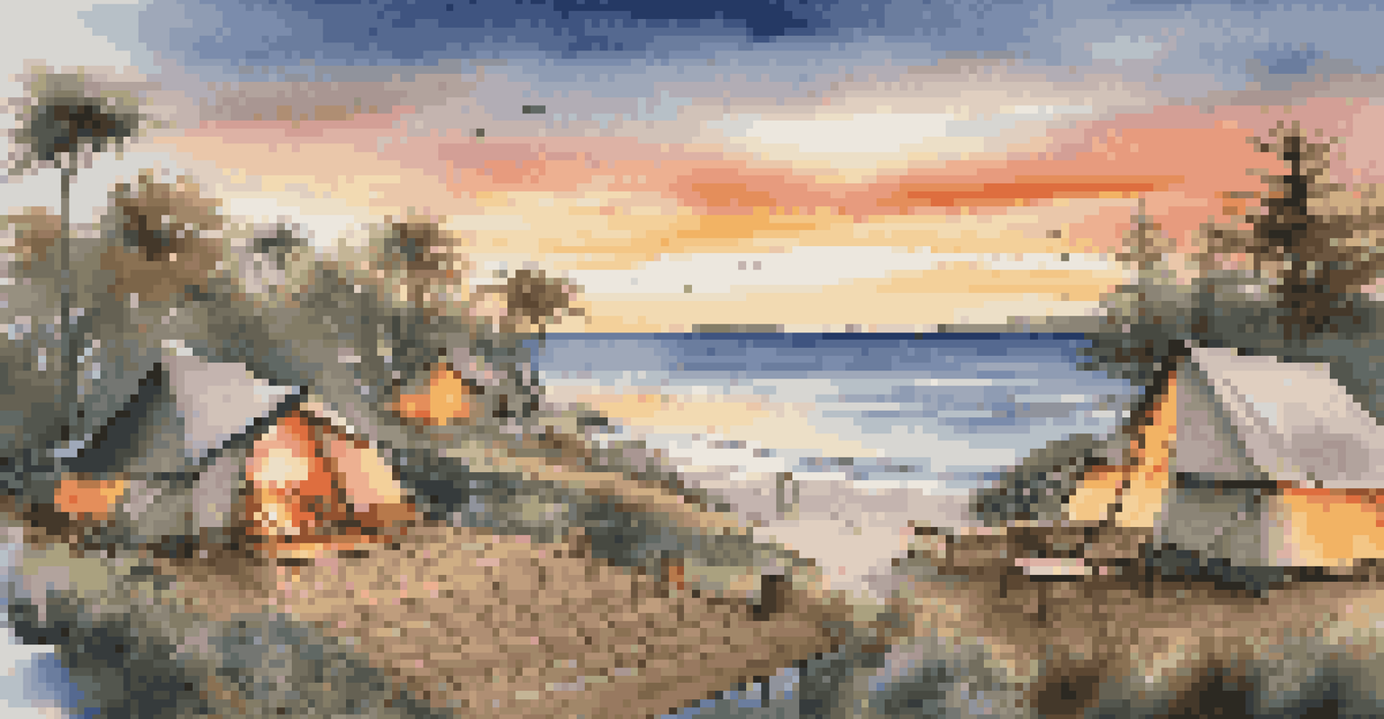 An aerial view of luxury camping tents along a coastline at sunset, with wooden decks and beach chairs.