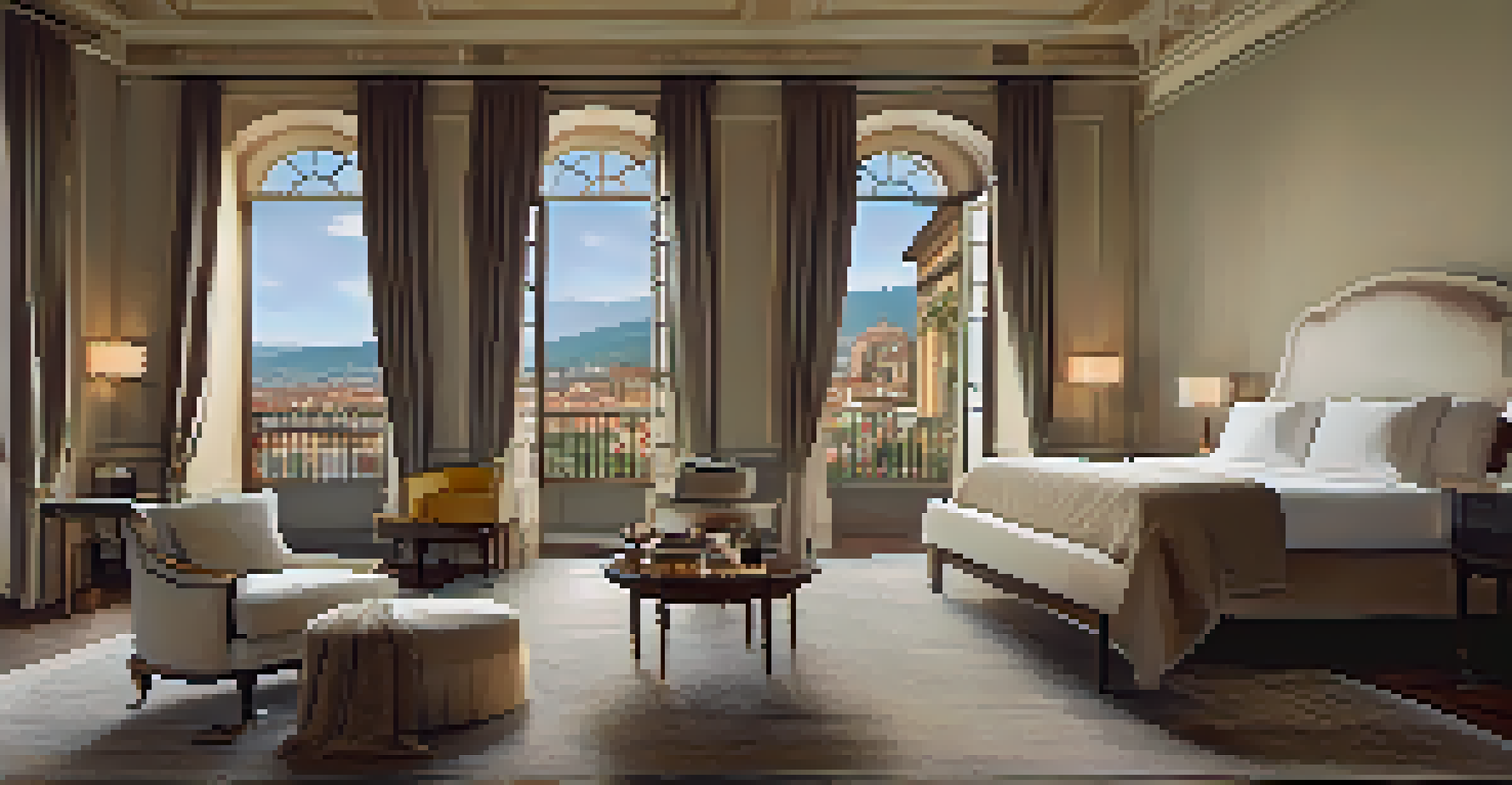 An elegant hotel suite in Florence with Italian decor and large windows, providing a view of the city.