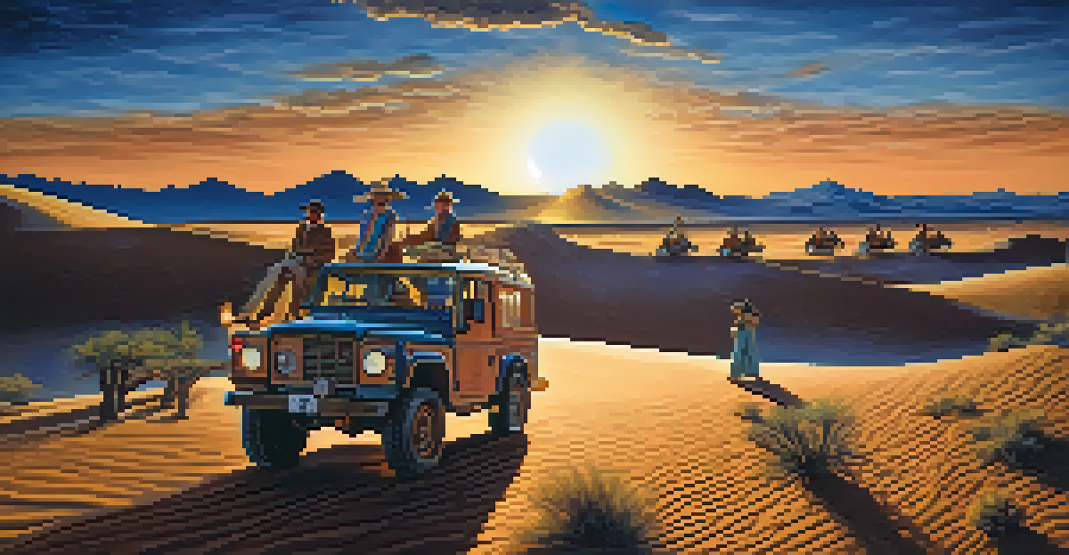 A desert safari with a 4x4 vehicle on sand dunes, and travelers enjoying a campfire experience under the stars.
