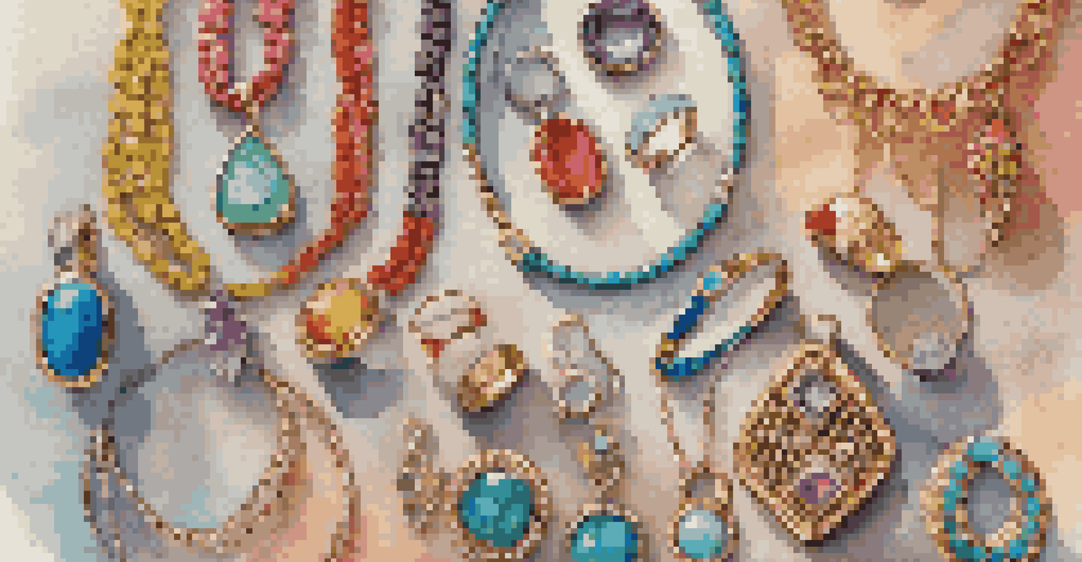 A colorful collection of stacked rings and layered necklaces displayed on a wooden background, showcasing vibrant gemstones and diverse textures.