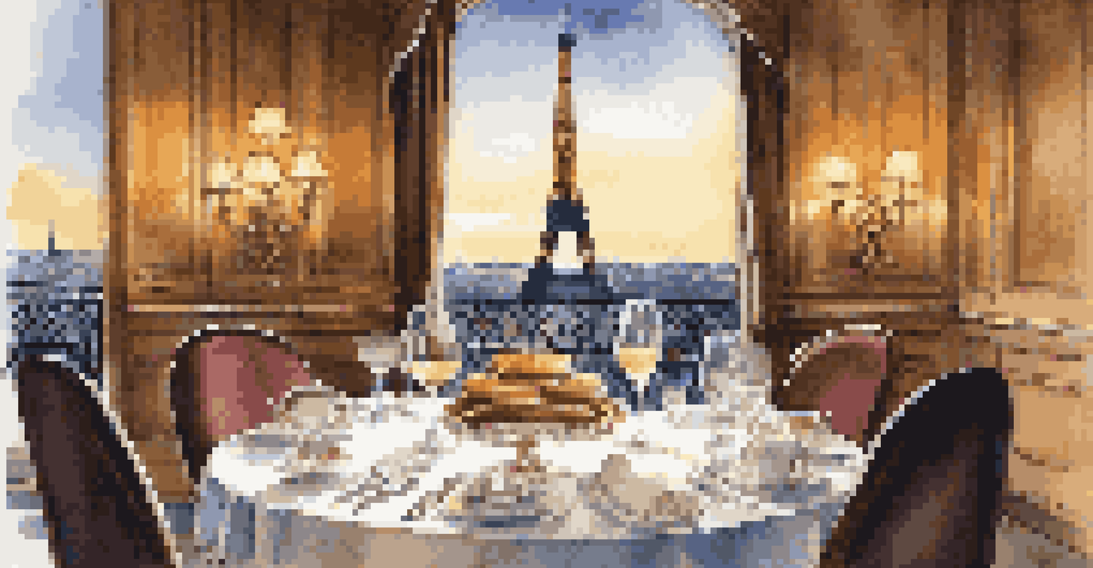 A luxurious dining table in a Michelin-starred restaurant in Paris, featuring fine china and a beautifully plated dish.